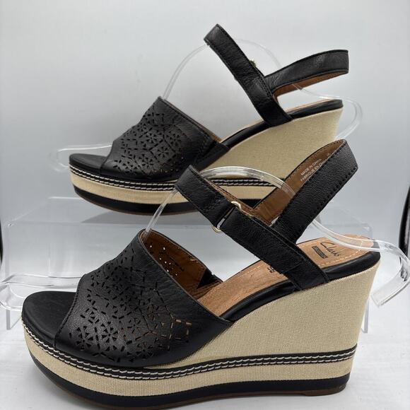 Clarks Collection Soft Cushion Espadrille Wedge Sandal Black Laser Cut US 9M - Picture 3 of 10